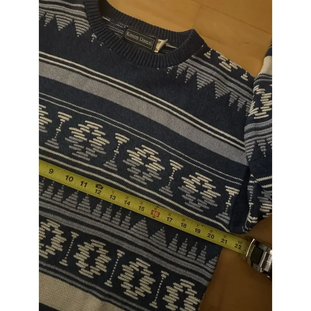 VTG Kenneth Rogers Knit Blue Sweater Cotton Geometric Aztec Small